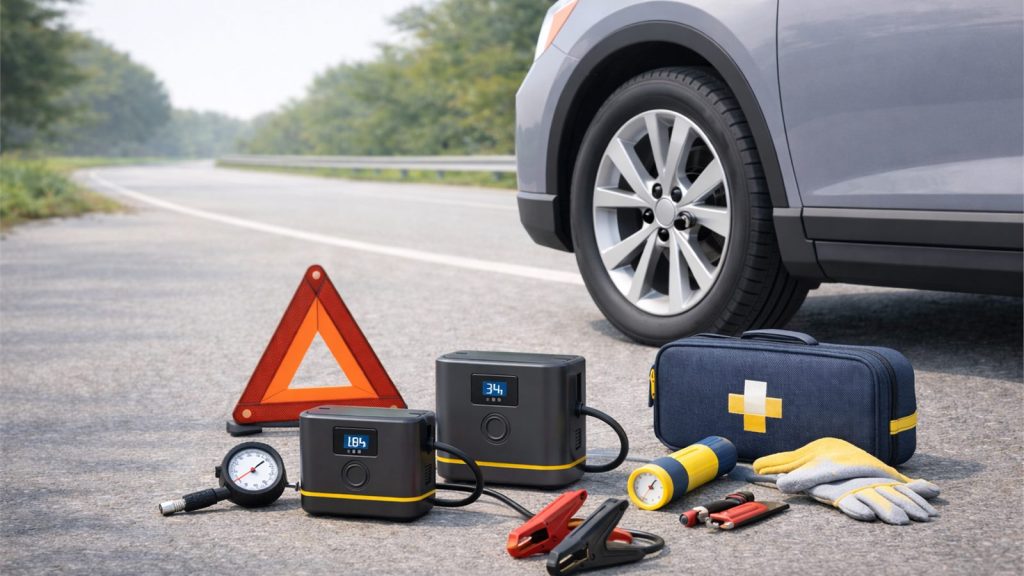 Car emergency gear arranged beside a generic car, including a tire inflator, jump starter, warning triangle, gloves, and safety tools