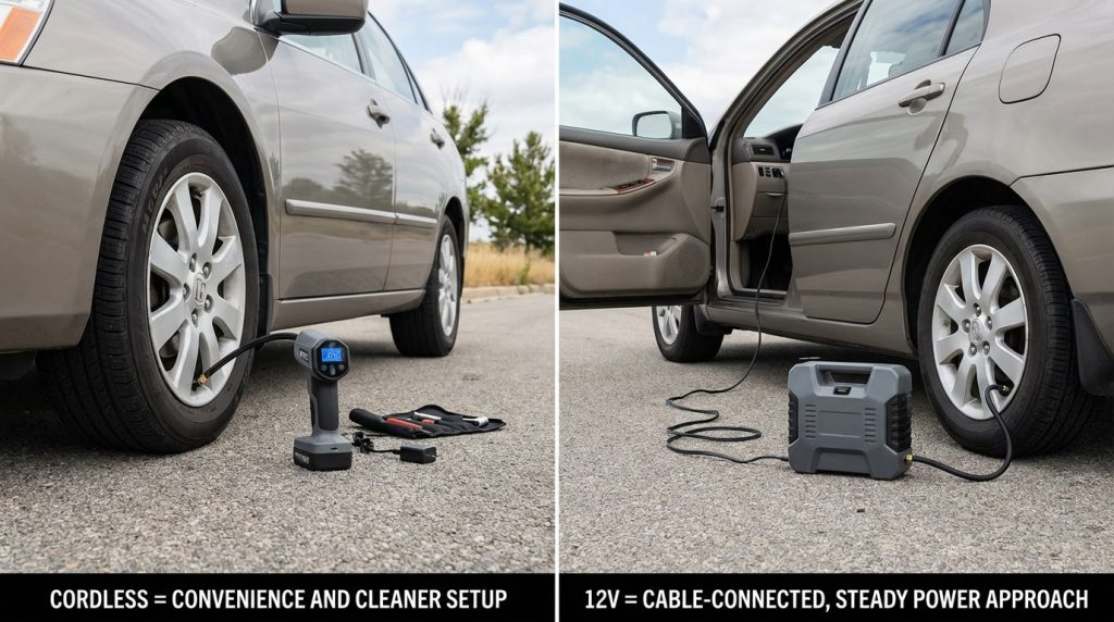 Cordless and 12V tire inflator setup comparison beside a car tire