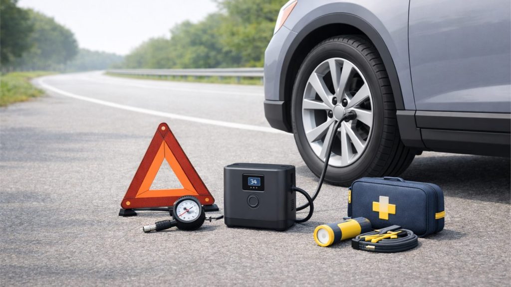 Portable tire inflator and car emergency gear beside a generic car on a quiet roadside