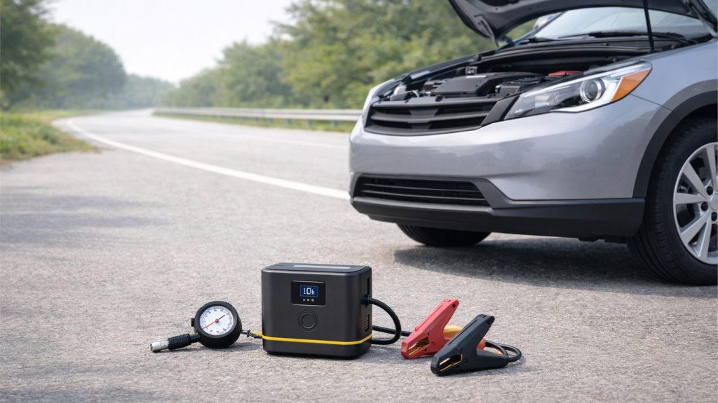 Portable jump starter with jumper clamps beside a generic car on a quiet roadside