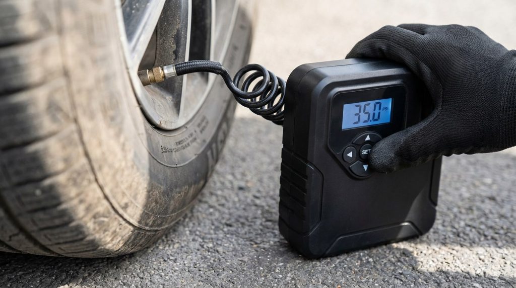 Close-up of a portable tire inflator PSI screen while inflating a car tire