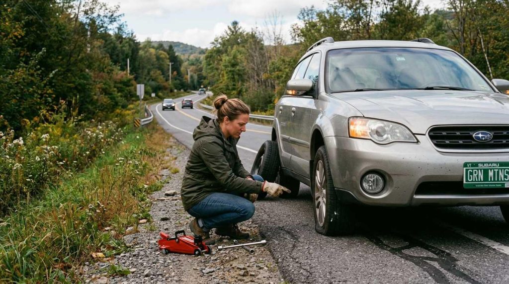 portable tire inflator inflating car tire on roadside real scenario
