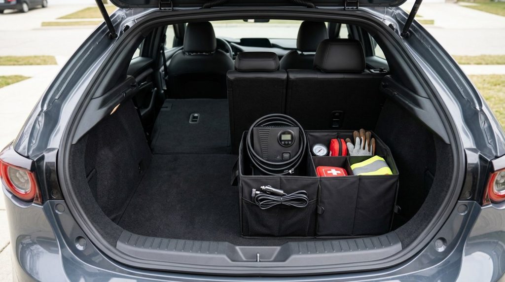 Compact portable tire inflator stored in a car trunk organizer