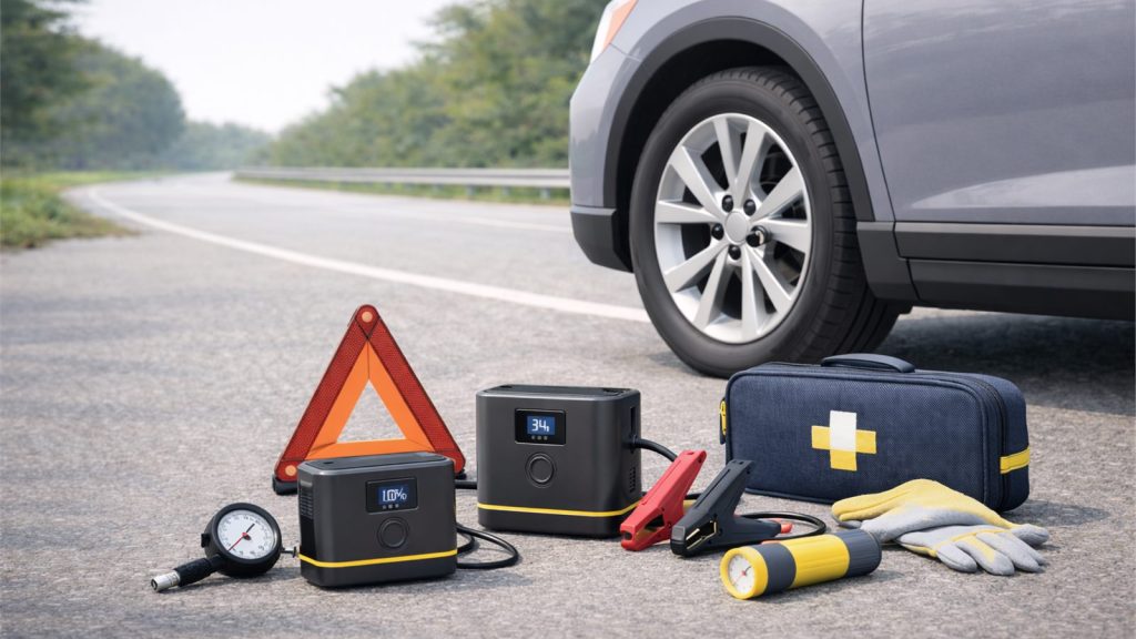 Car emergency gear arranged beside a generic car, including a tire inflator, jump starter, warning triangle, gloves, and safety tools

