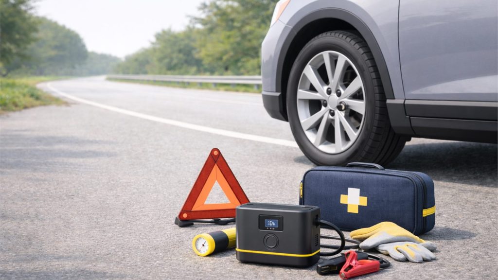 Roadside emergency kit with warning triangle, gloves, and safety tools beside a generic car