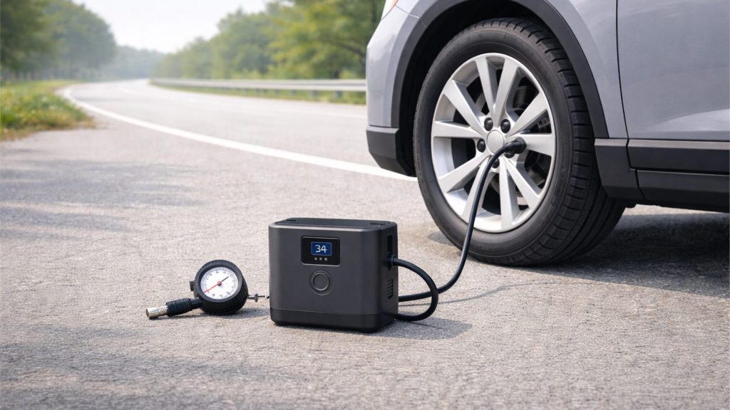 Portable tire inflator connected to a car tire on a quiet roadside