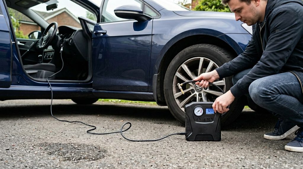 12V tire inflator connected from the car outlet to the tire valve