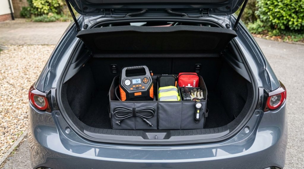 Compact 12V tire inflator stored neatly in a car trunk organizer