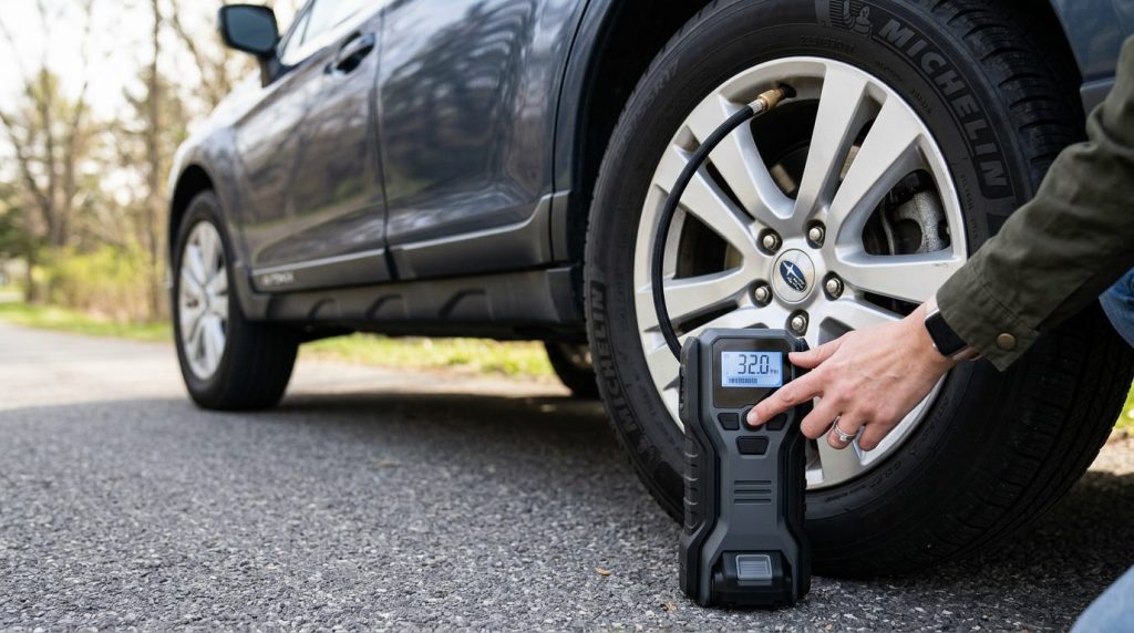 Airmoto cordless tire inflator connected to a car tire for routine top-ups