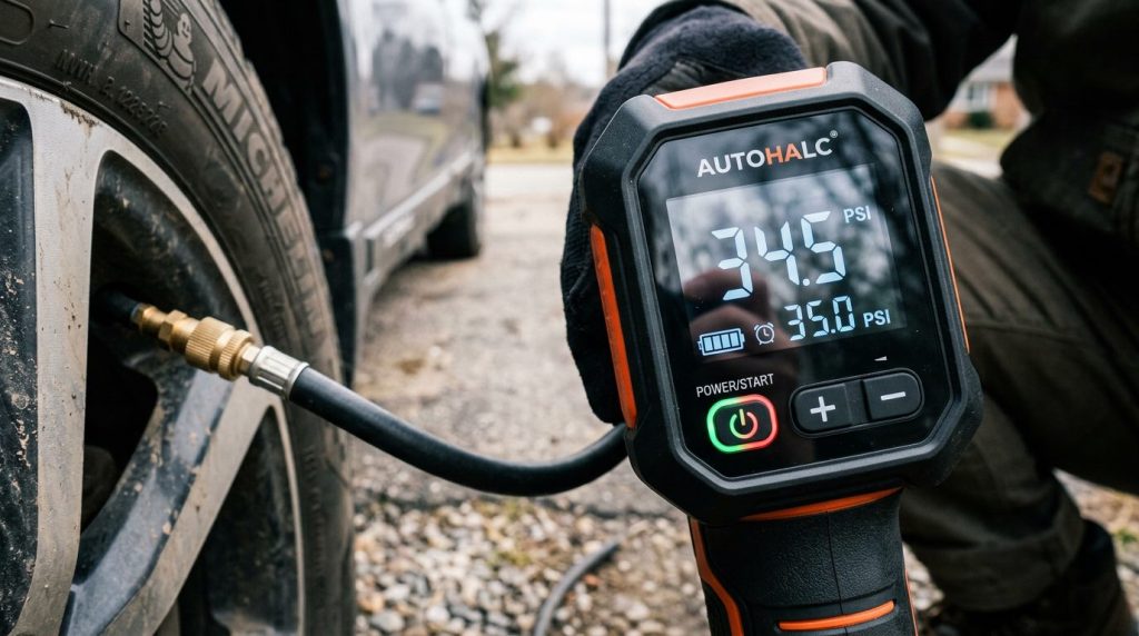 Close-up of Airmoto tire inflator PSI screen during inflation