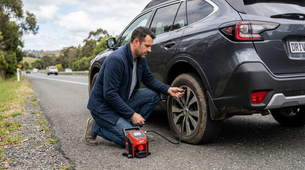 Airmoto tire inflator review hero image showing roadside car tire inflation setup