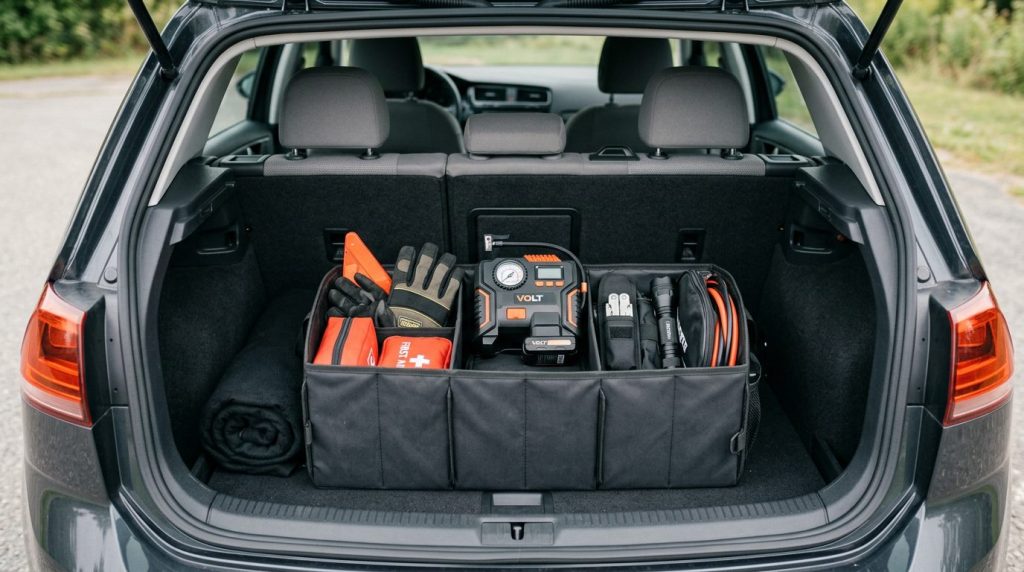 Airmoto tire inflator stored in a car trunk organizer for emergency use