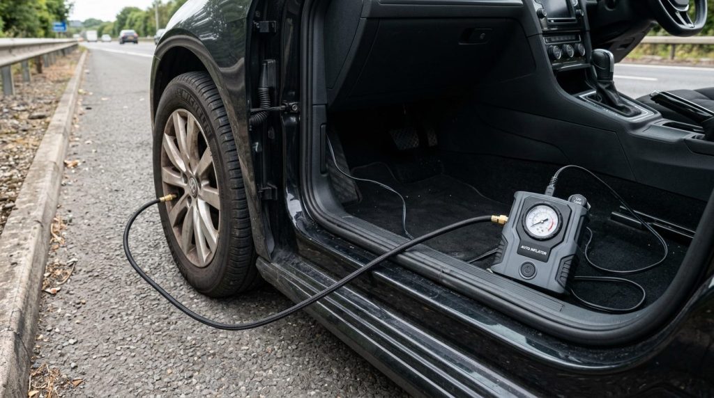 AstroAI 12V tire inflator connected to a car tire for everyday use