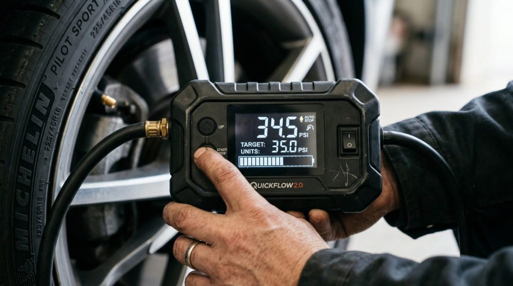 Close-up of AstroAI tire inflator PSI screen during inflation