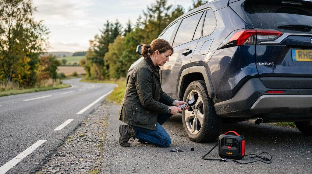 AstroAI tire inflator review hero image showing roadside car tire inflation setup