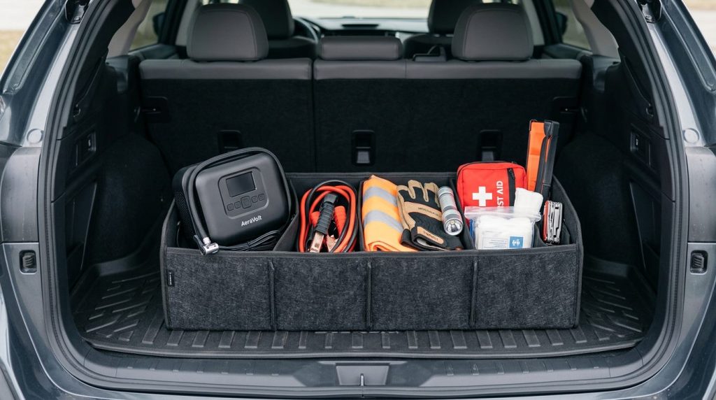 AstroAI tire inflator stored in a car trunk organizer for emergency use