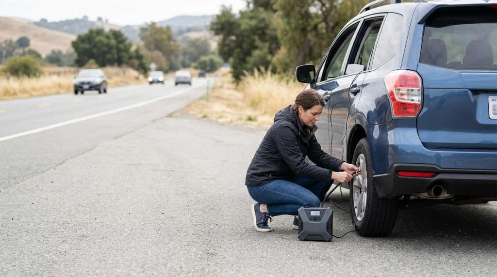 Driver using a 12V tire inflator on a car tire by the roadside