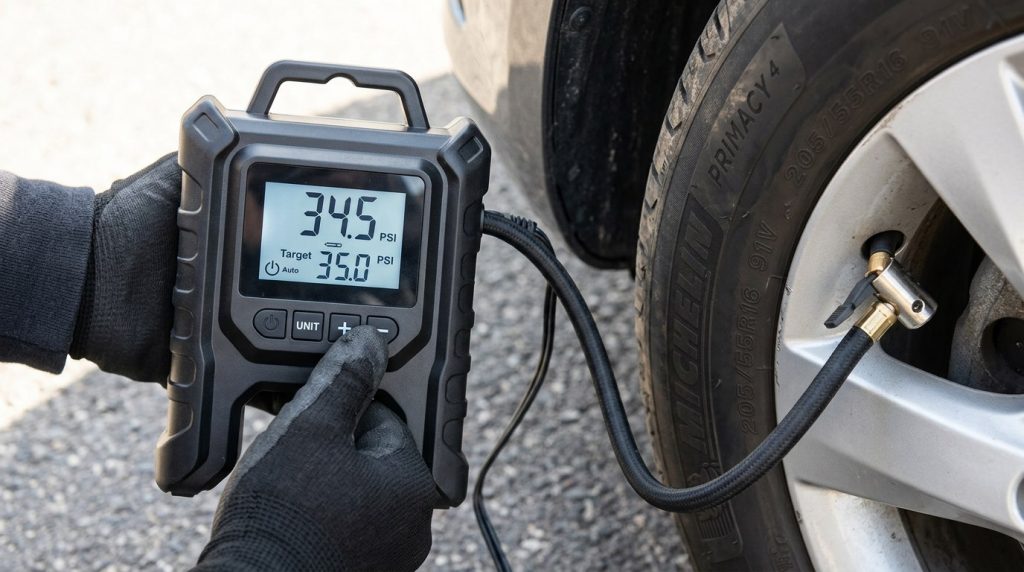 Close-up of a portable 12V tire inflator PSI screen while inflating a car tire