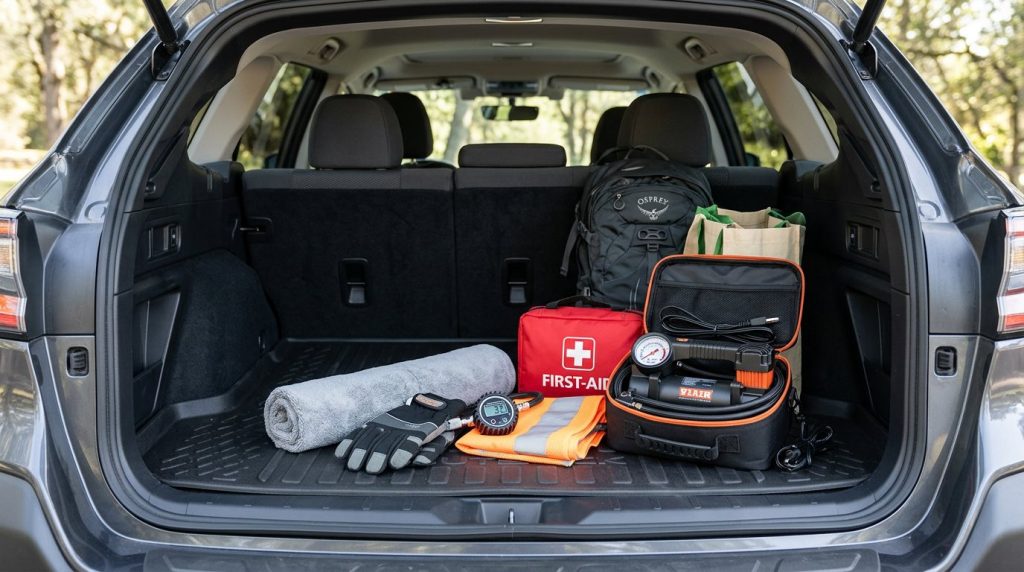 Compact tire inflator stored in an SUV trunk