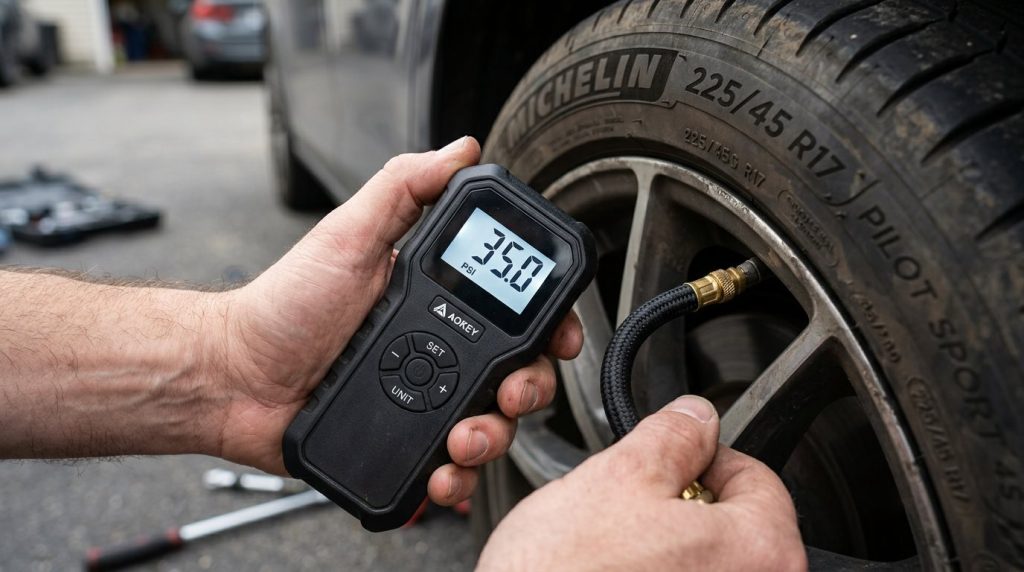 Tire inflator PSI display and auto shut-off close-up