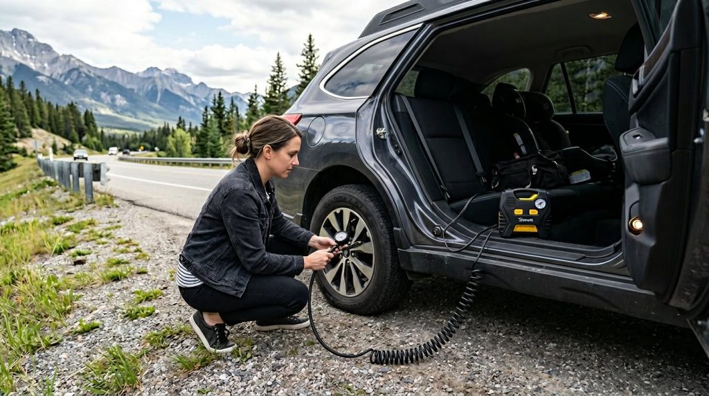12V tire inflator connected to an SUV for roadside use